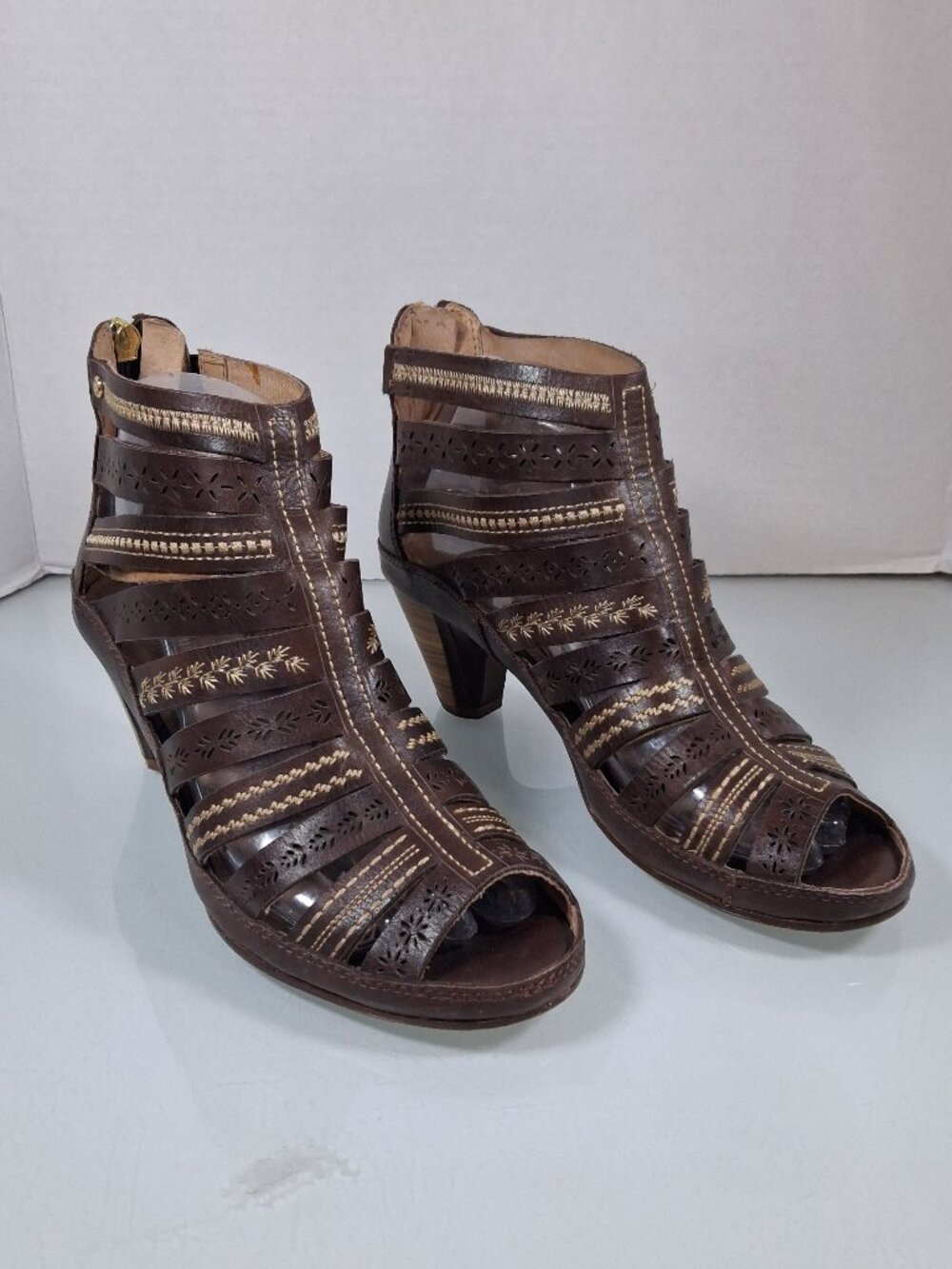 Pikolinos Brown Leather Open Toe Block Heel Gladiator Womens Sandal Size 38/ 7.5
